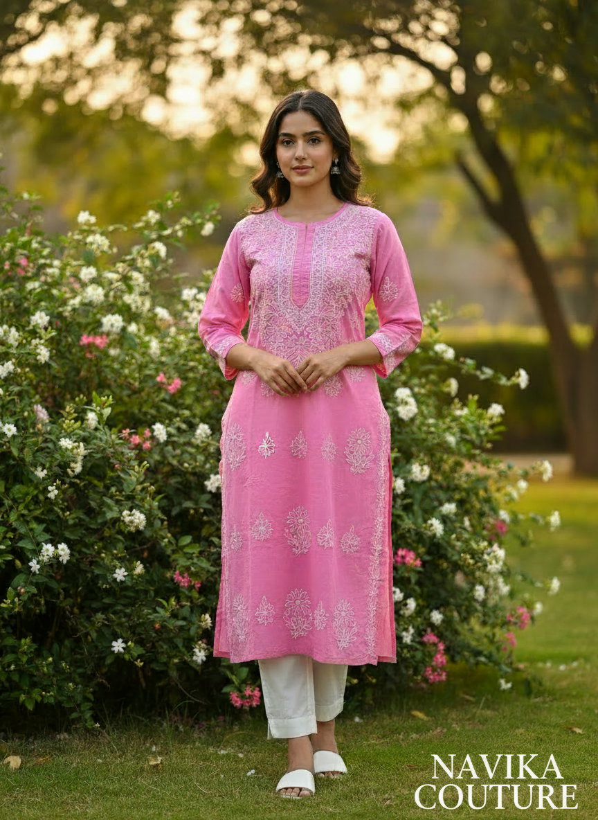 Pure Cotton Lucknowi Chikankari Kurta – Round Neck, 3/4 Sleeve (Size M)