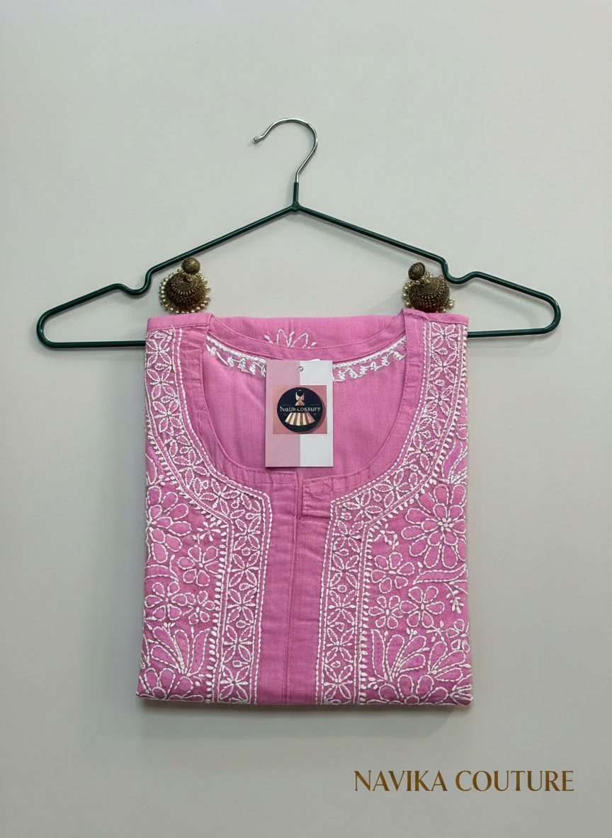 Pure Cotton Lucknowi Chikankari Kurta – Round Neck, 3/4 Sleeve (Size M)