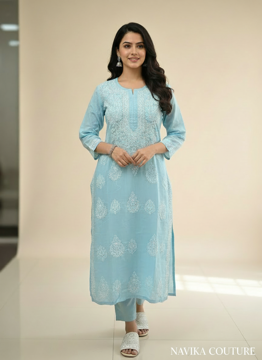 Pure Cotton Lucknowi Chikankari Kurti – Blue, Size L