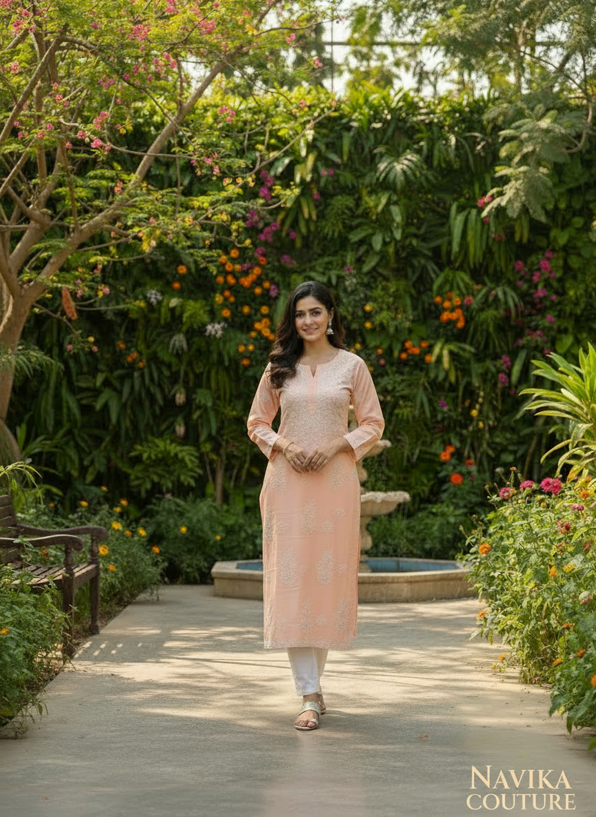 Pure Cotton Lucknowi Chikankari Kurti – Beige, Size L