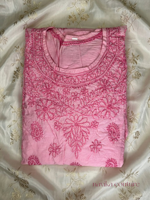 A-Line Chikankari Embroidered Kurti in Chanderi Silk Fabric