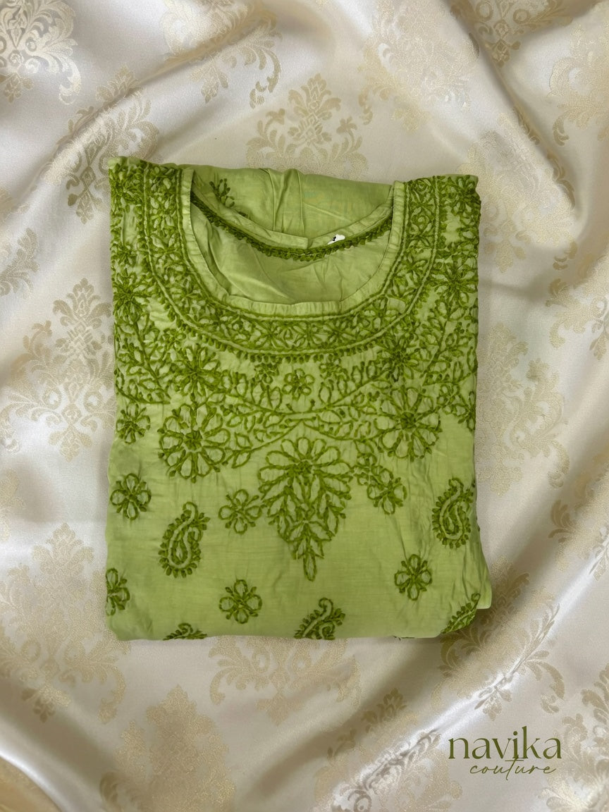 A-line Chikankari embroided Kurti in Chanderi silk fabric