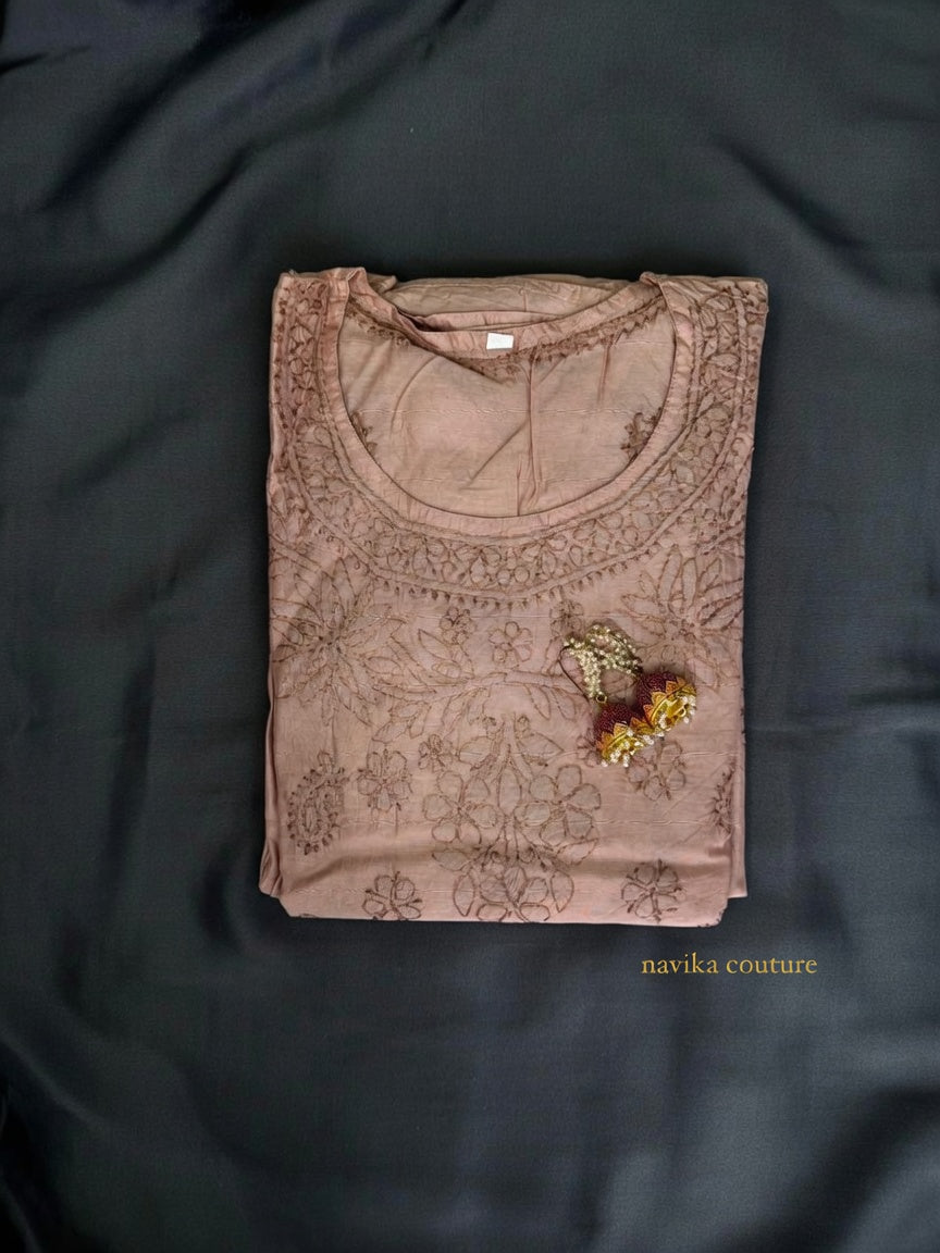 A-Line Chikankari Embroidered Kurti in Chanderi Silk Fabric