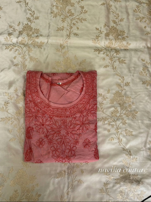 A- line chikaknkari embroidery kurti in chanderi silk fabric