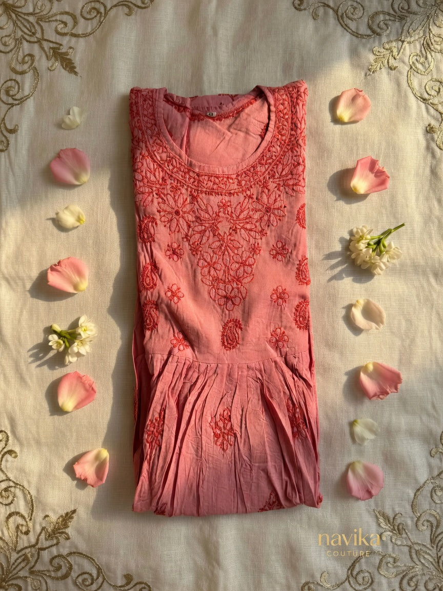 A- line chikaknkari embroidery kurti in chanderi silk fabric