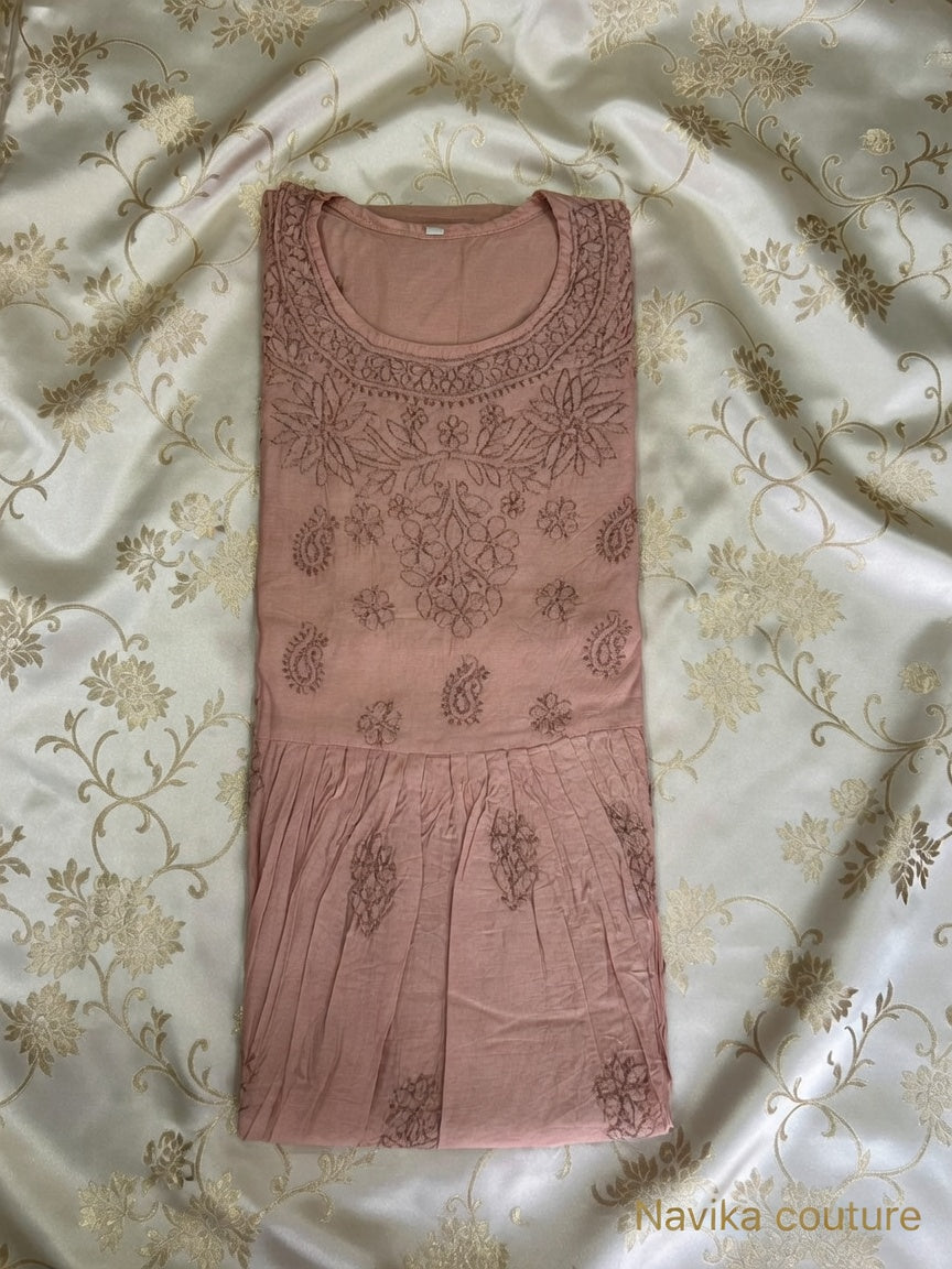 A-Line Chikankari Embroidered Kurti in Chanderi Silk Fabric