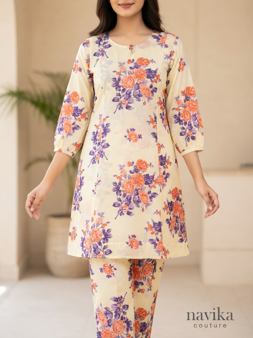 Beige floral cotton Co-ord