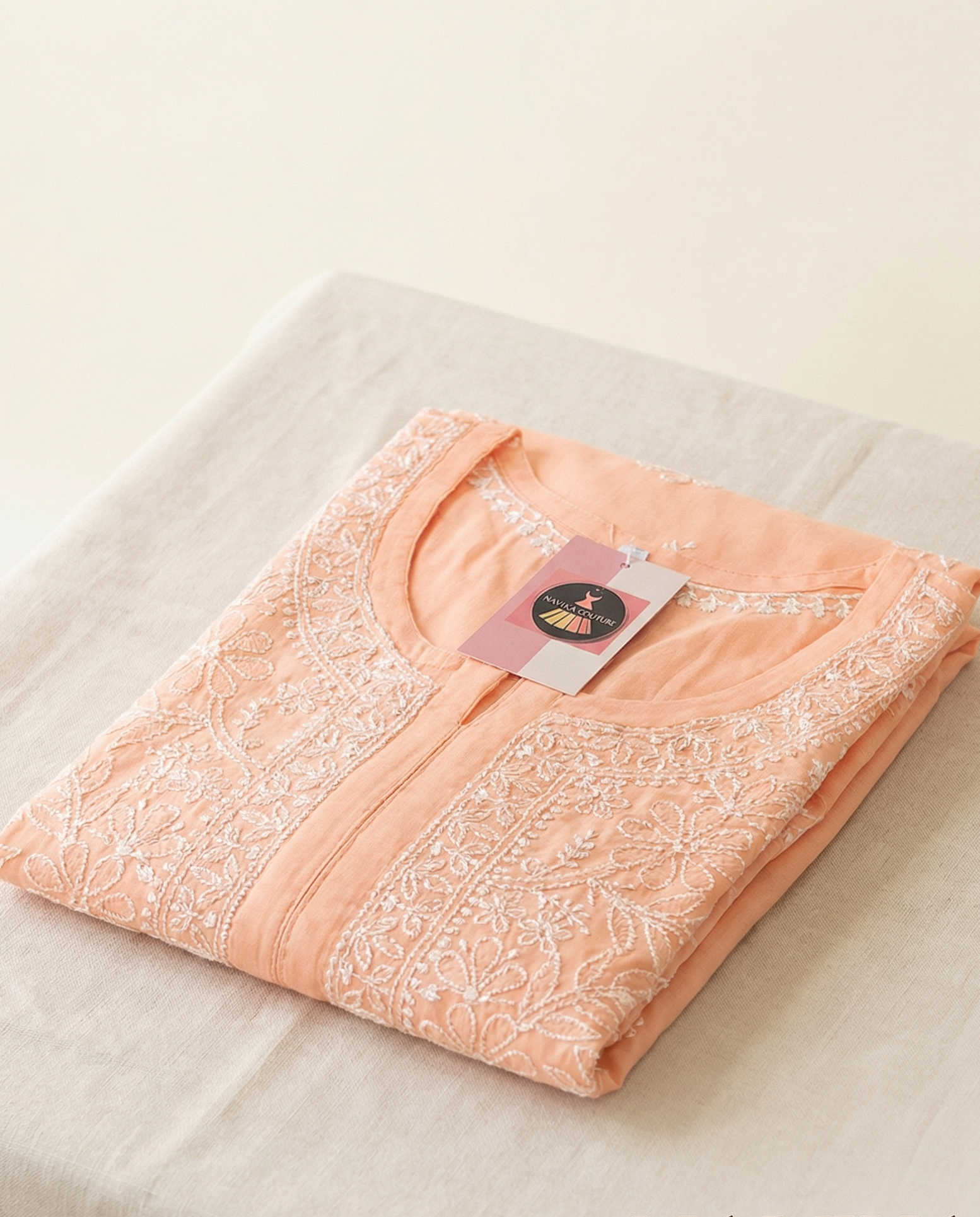 Pure Cotton Lucknowi Chikankari Kurti – Beige, Size L