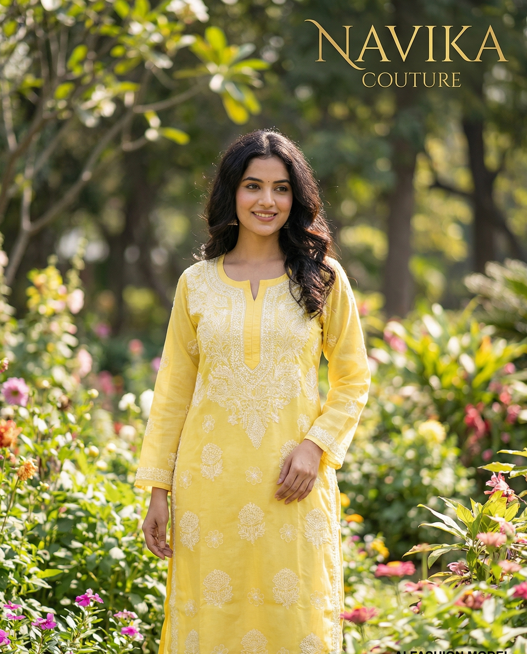 Pure Cotton Lucknowi Chikankari Kurti – Yellow