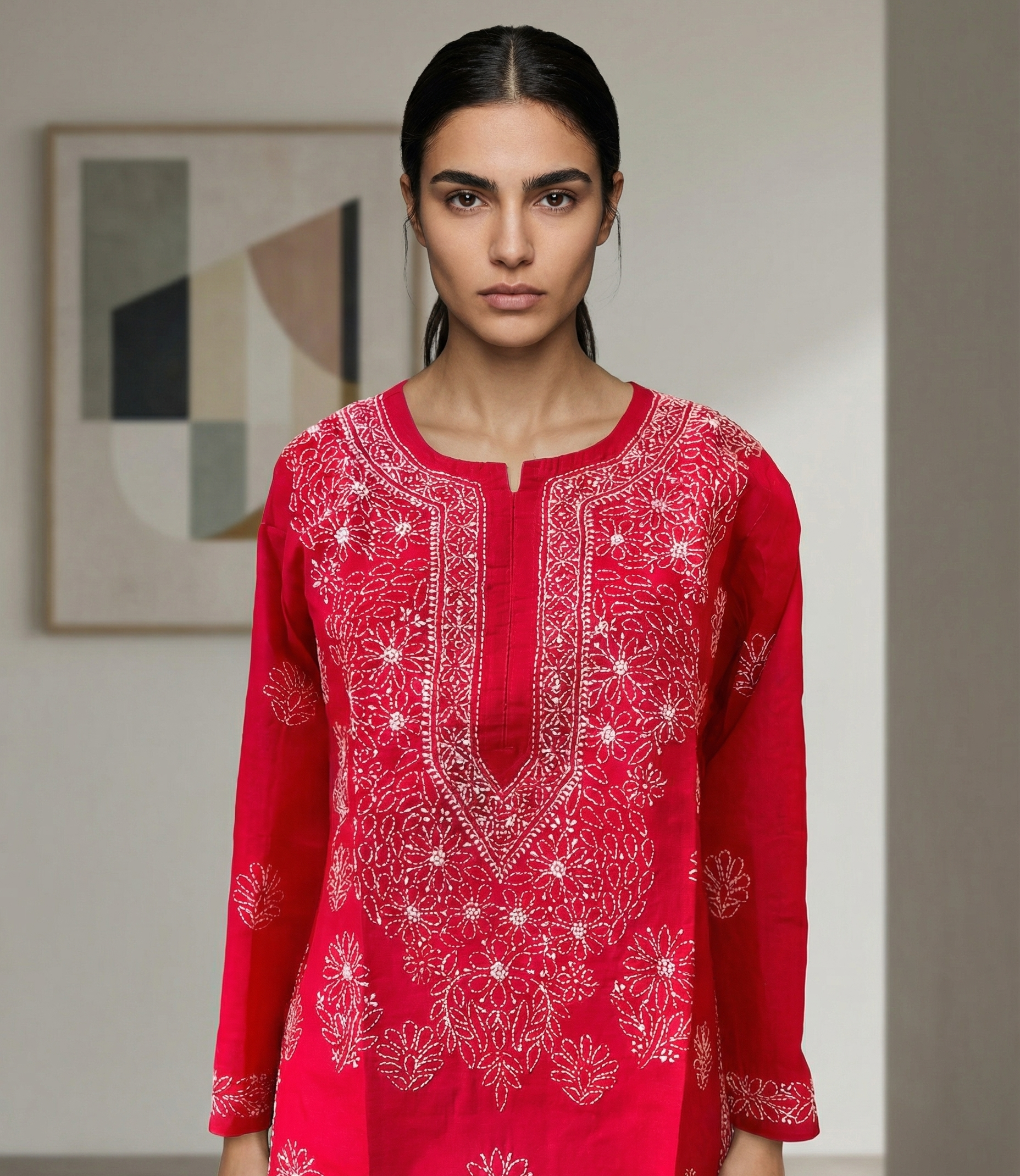 Pure Cotton Lucknowi Chikankari Kurti – Red, Size M