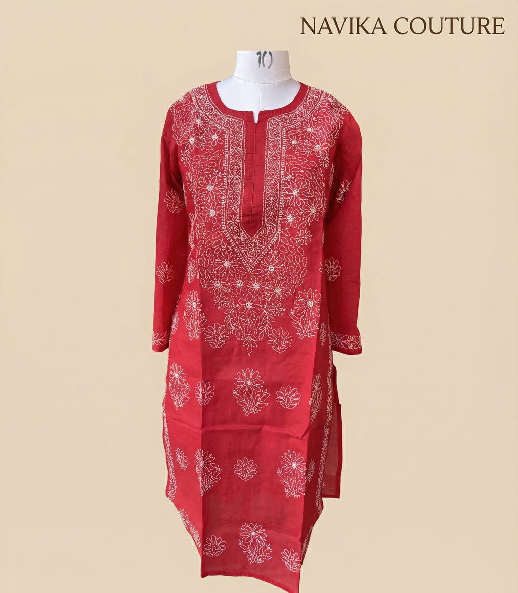 Pure Cotton Lucknowi Chikankari Kurti – Red, Size M