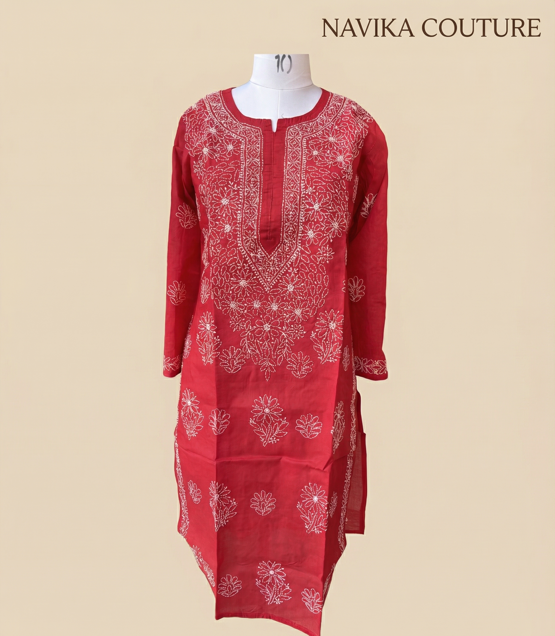 Pure Cotton Lucknowi Chikankari Kurti – Red, Size M