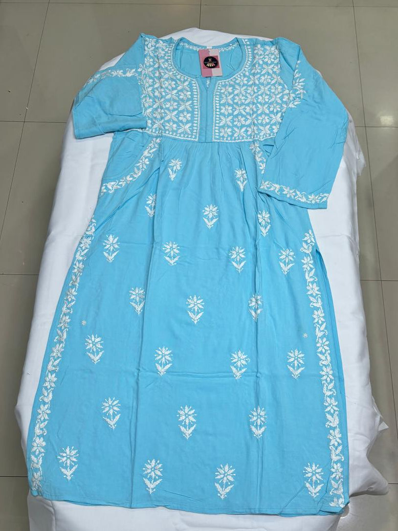 Chikankari Handwork Modal Cotton Kurti with Side Pockets & ¾ Sleeves