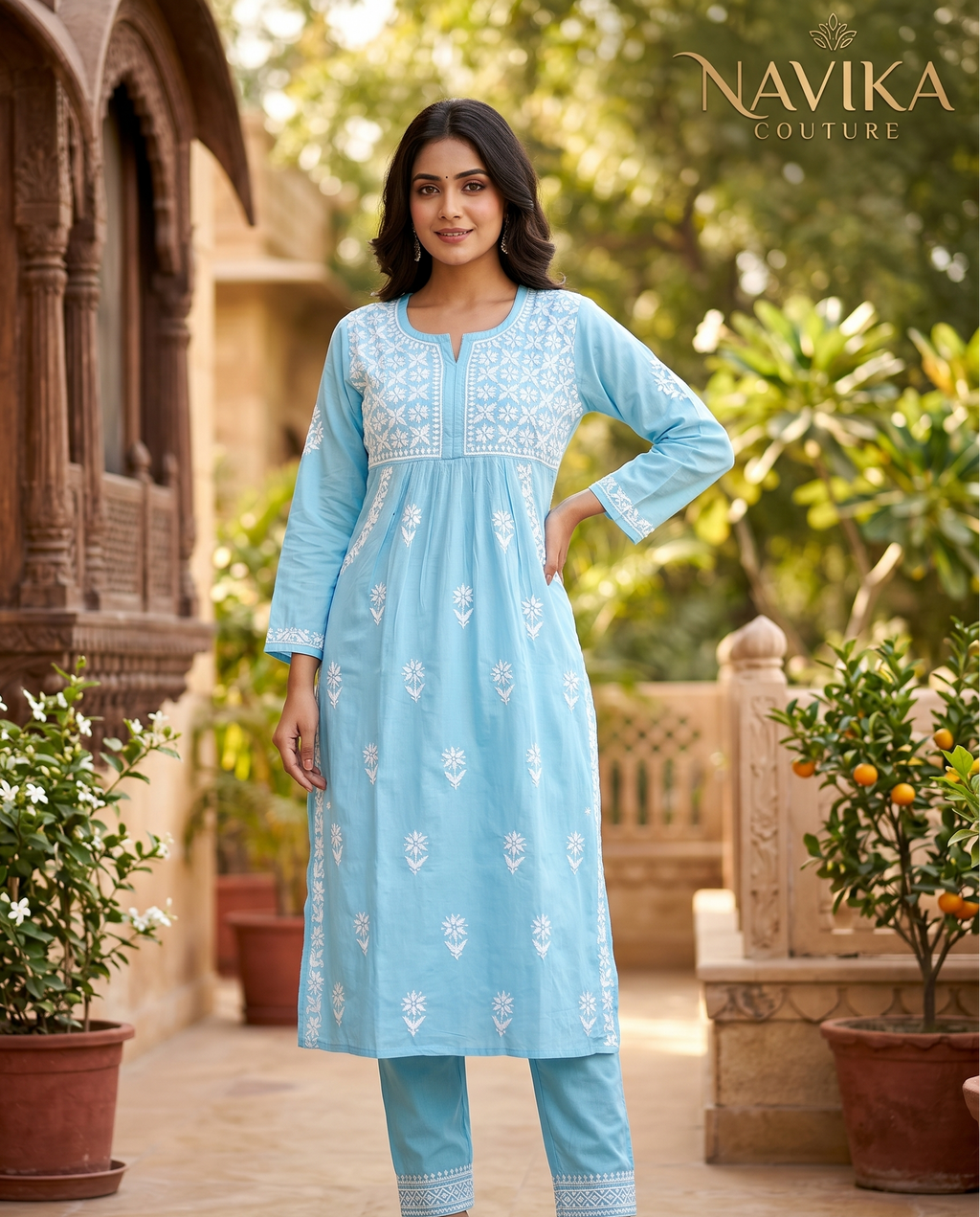 Chikankari Handwork Modal Cotton Kurti with Side Pockets & ¾ Sleeves