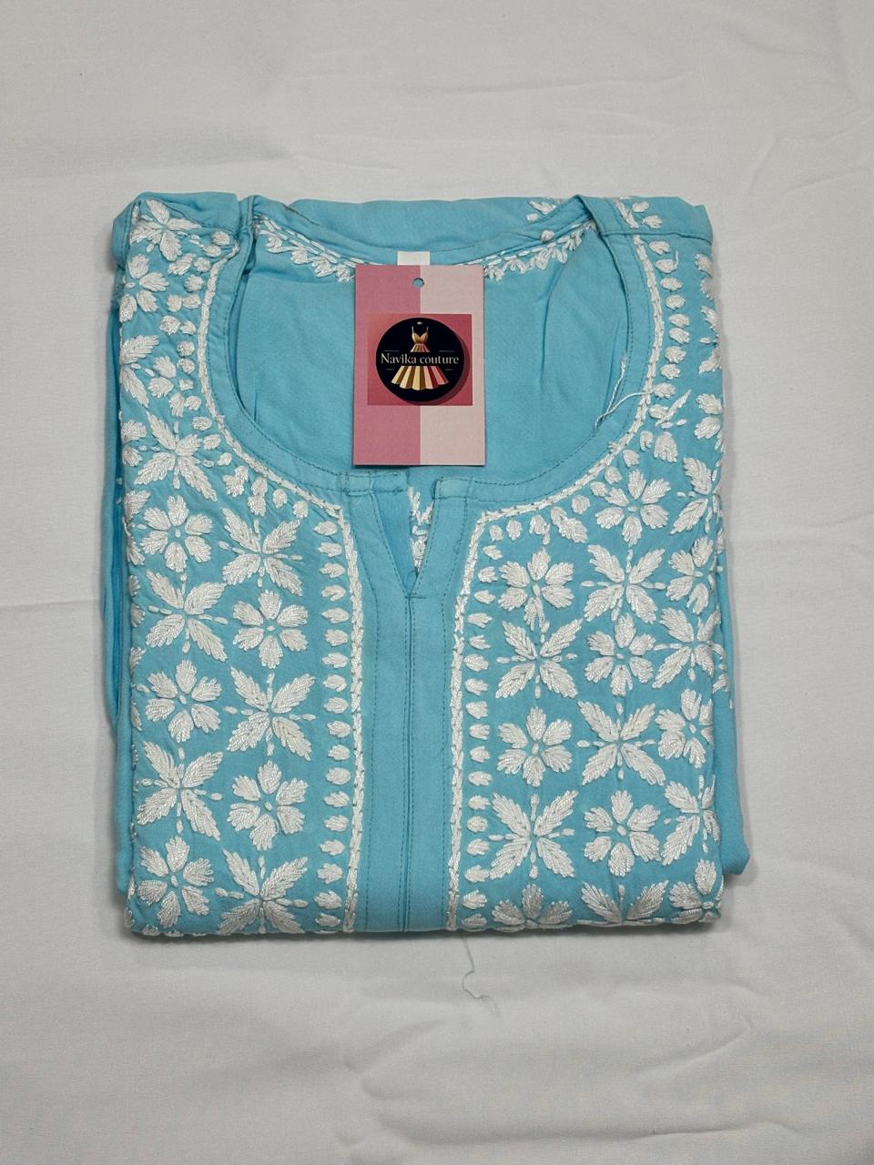 Chikankari Handwork Modal Cotton Kurti with Side Pockets & ¾ Sleeves