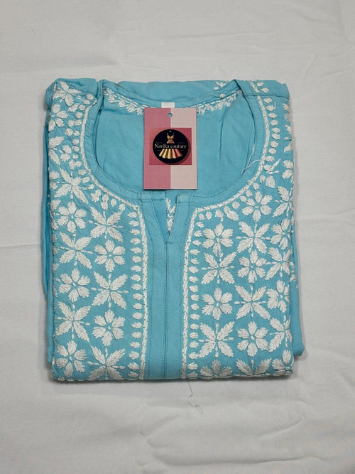 Chikankari Handwork Modal Cotton Kurti with Side Pockets & ¾ Sleeves