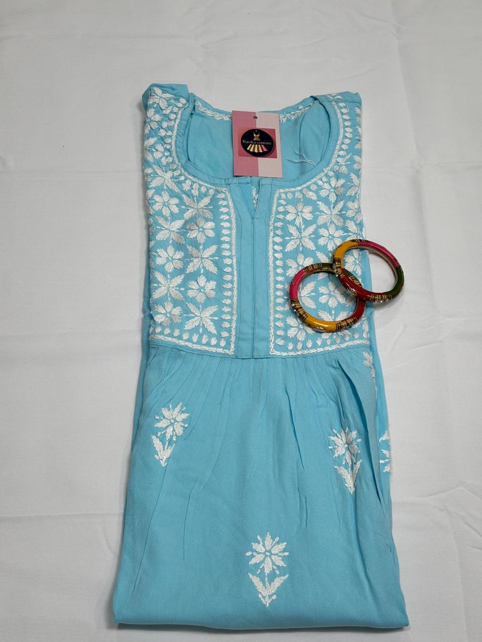 Chikankari Handwork Modal Cotton Kurti with Side Pockets & ¾ Sleeves