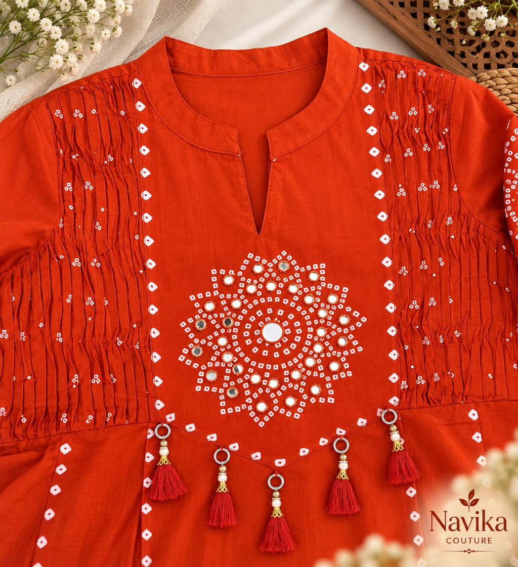 Orange Cotton A-Line Suit Set with Dupatta