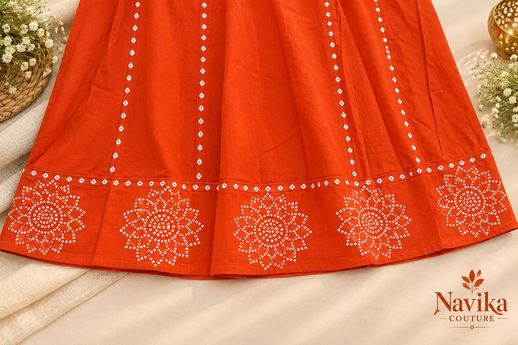 Orange Cotton A-Line Suit Set with Dupatta