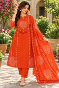 Orange Cotton A-Line Suit Set with Dupatta