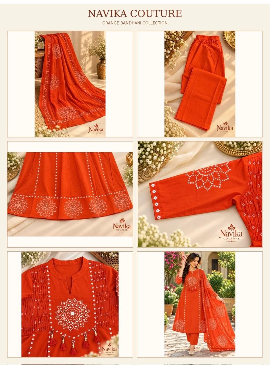 Orange Cotton A-Line Suit Set with Dupatta