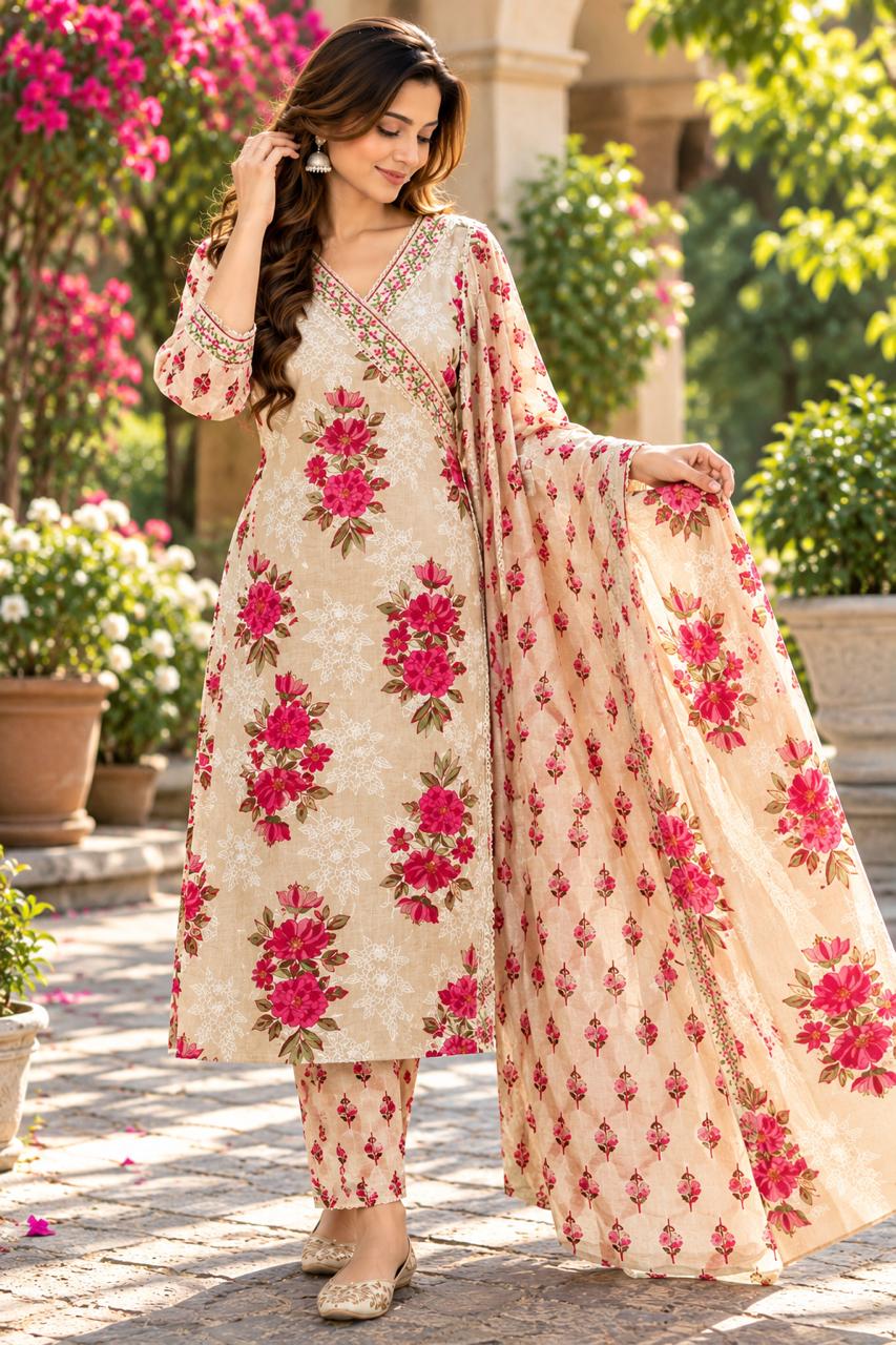 Beige floral cotton Suit Set
