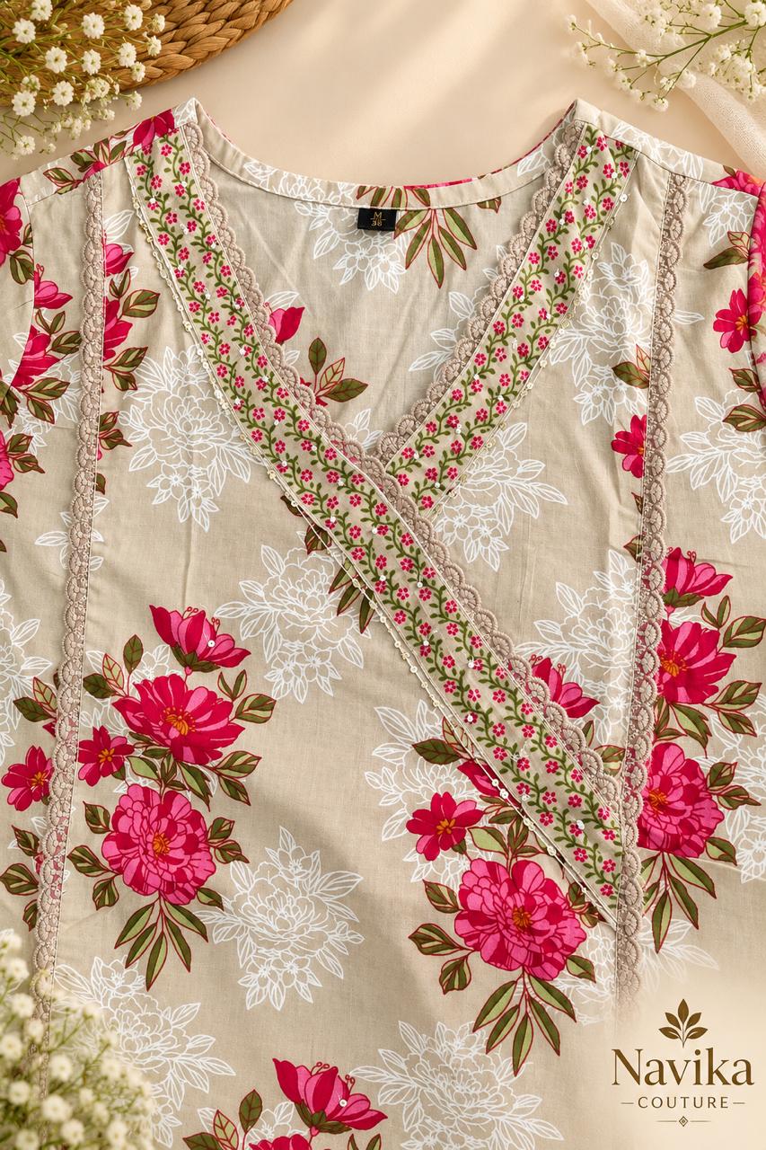 Beige floral cotton Suit Set