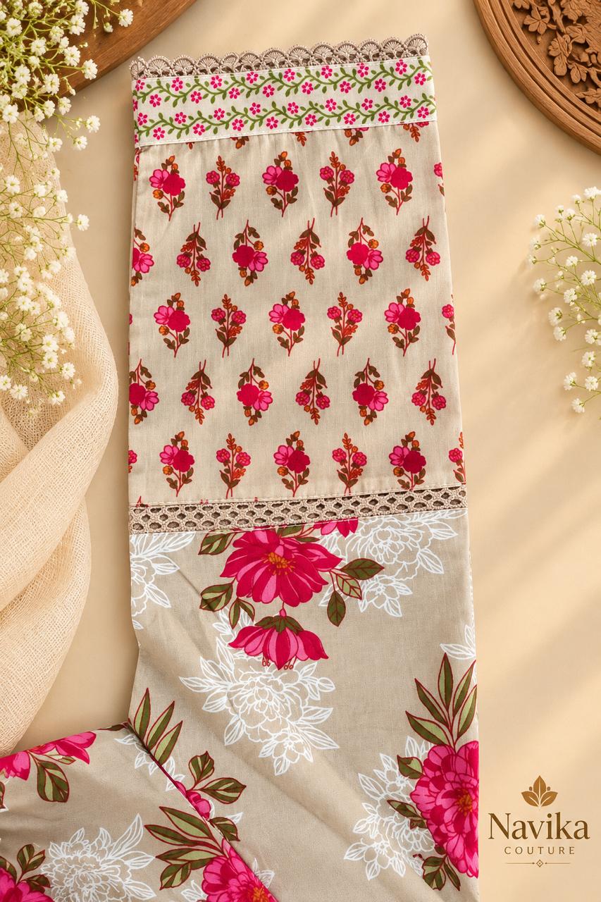 Beige floral cotton Suit Set