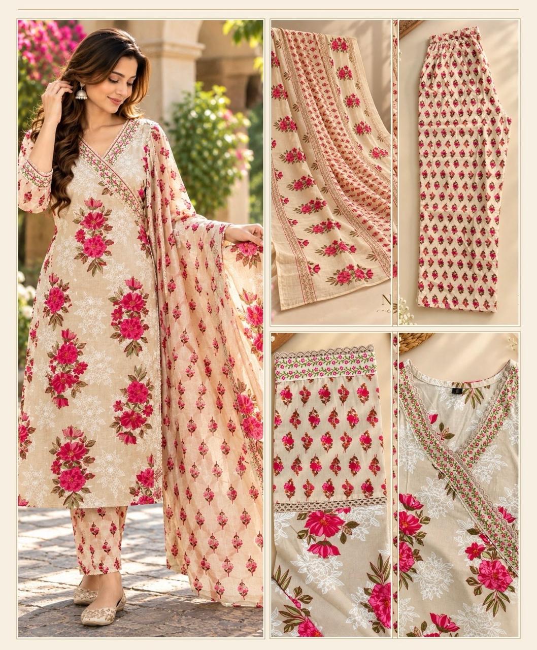 Beige floral cotton Suit Set