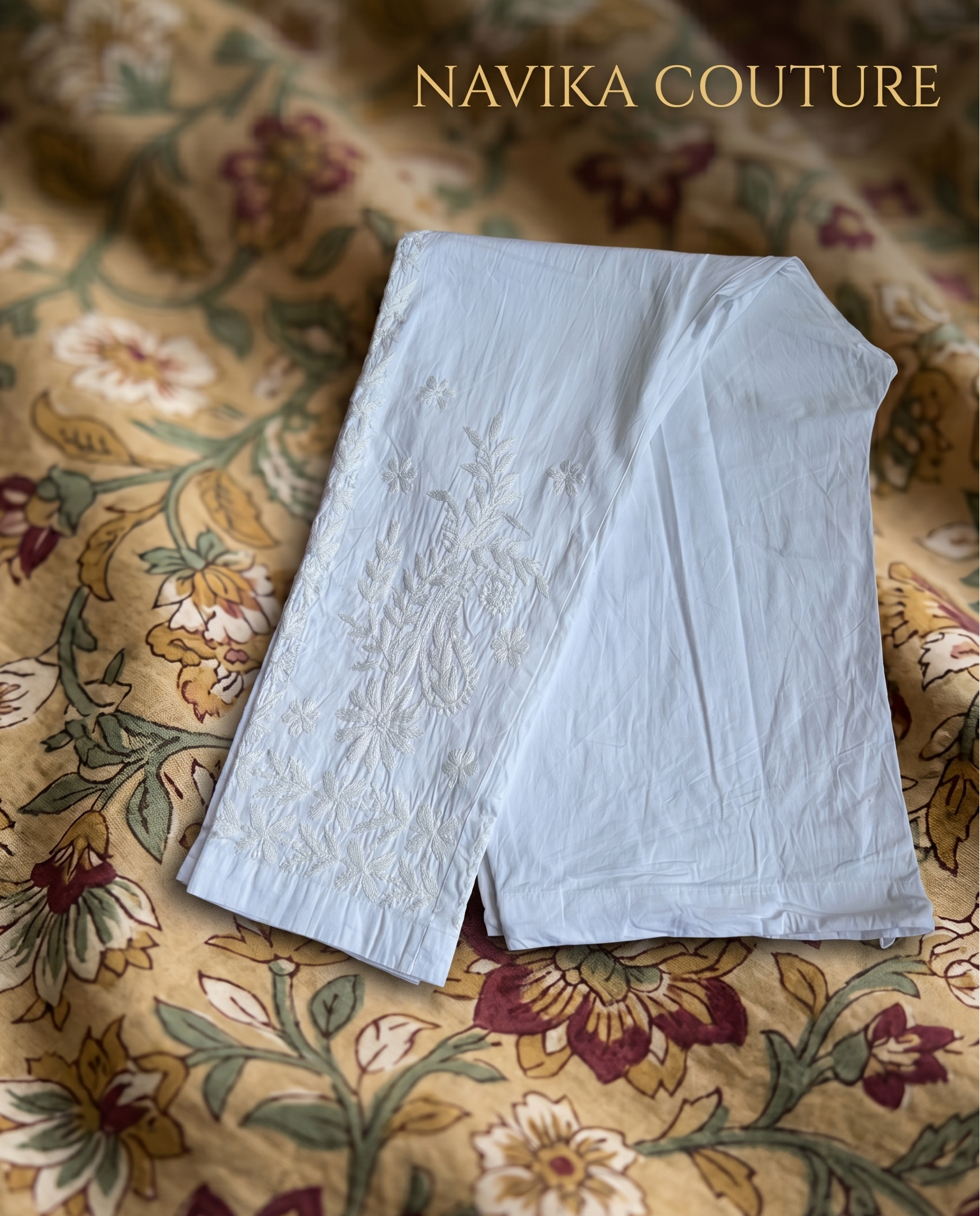 Chikankari Hand Embroidered Pants – White, Straight Fit