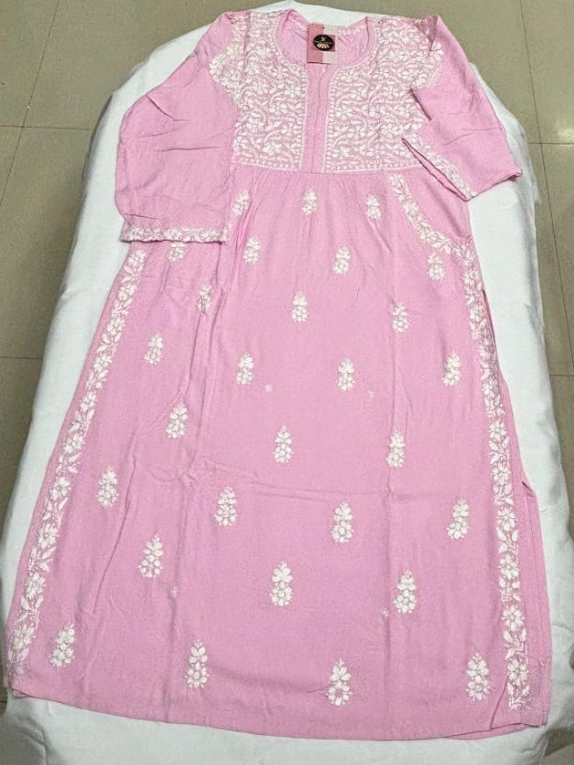 Chikankari Handwork Modal Cotton Kurti with Side Pockets & ¾ Sleeves