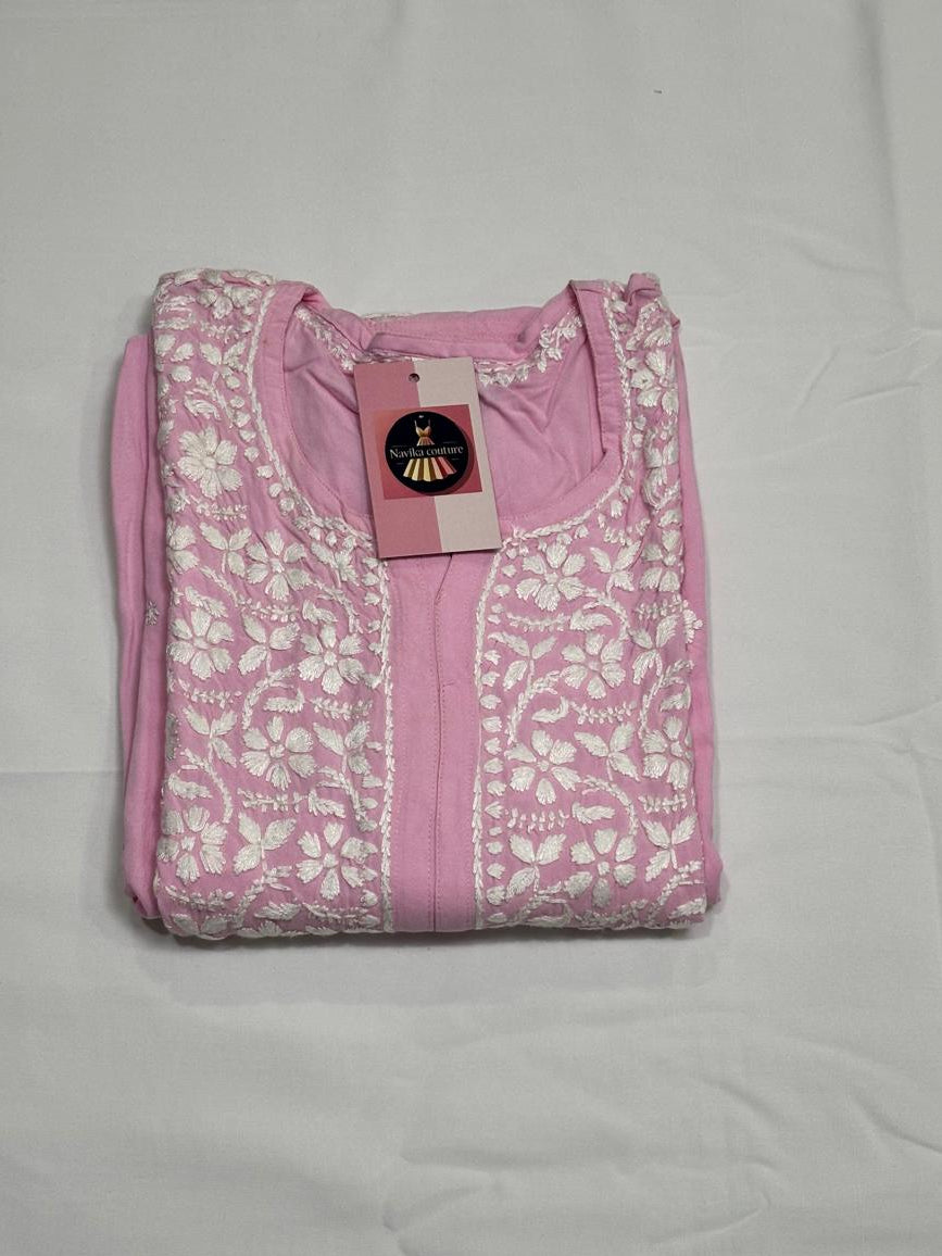 Chikankari Handwork Modal Cotton Kurti with Side Pockets & ¾ Sleeves