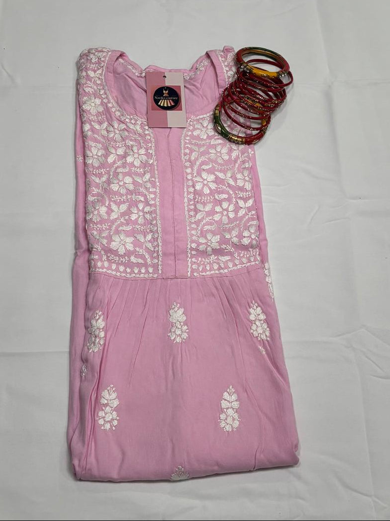 Chikankari Handwork Modal Cotton Kurti with Side Pockets & ¾ Sleeves