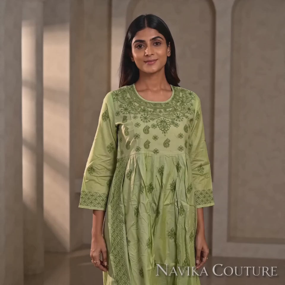 A-line Chikankari embroided Kurti in Chanderi silk fabric