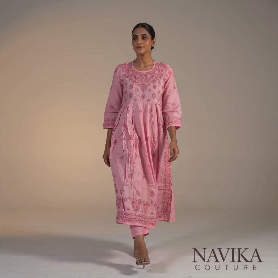 A-Line Chikankari Embroidered Kurti in Chanderi Silk Fabric